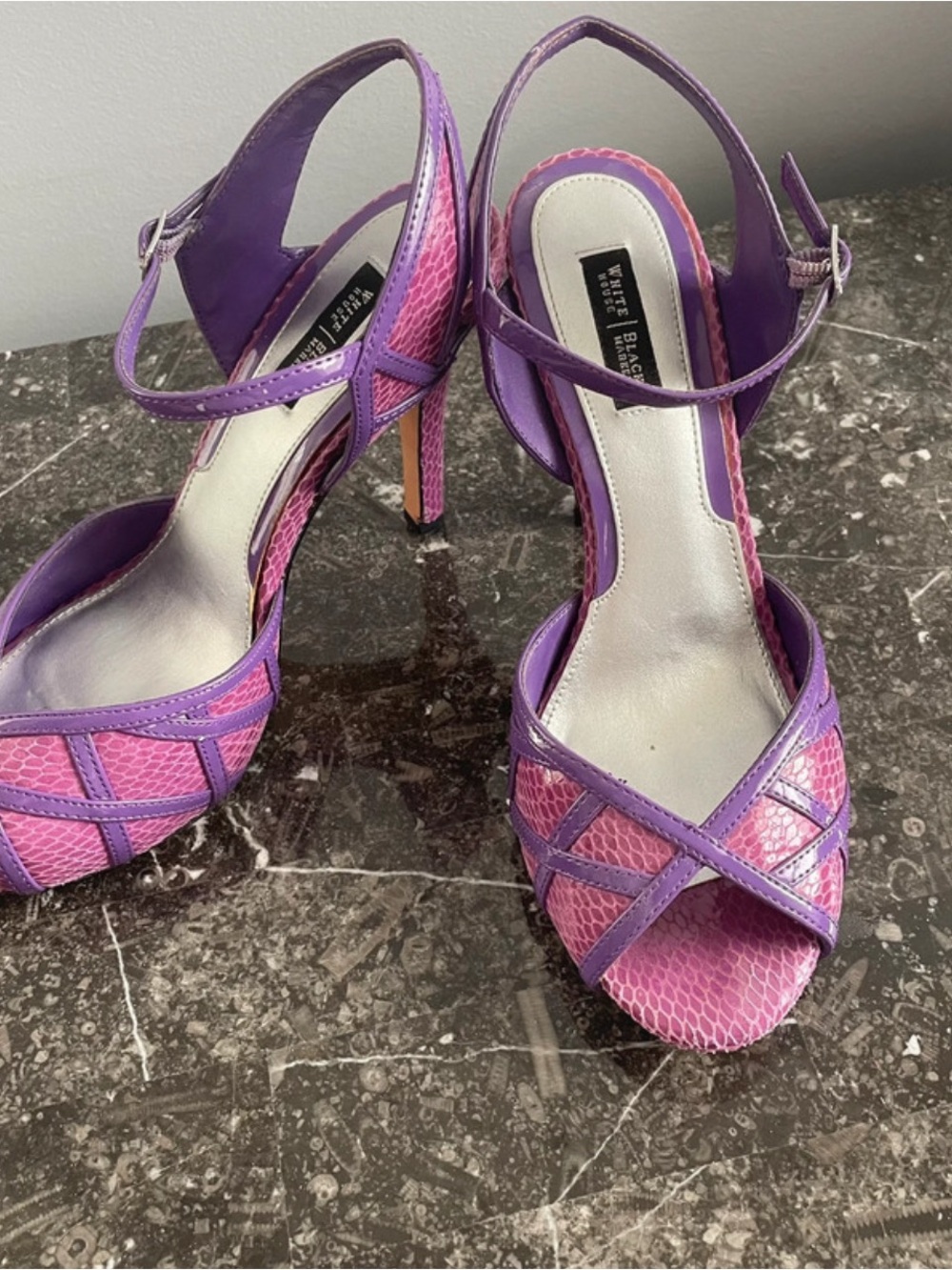 White House Black Market Pink and Purple Snake-Texture Slingback Heels